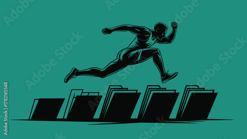 Dynamic athlete leaps over hurdles in powerful display of determination and success, symbolizing overcoming business challenges and achieving goals now
