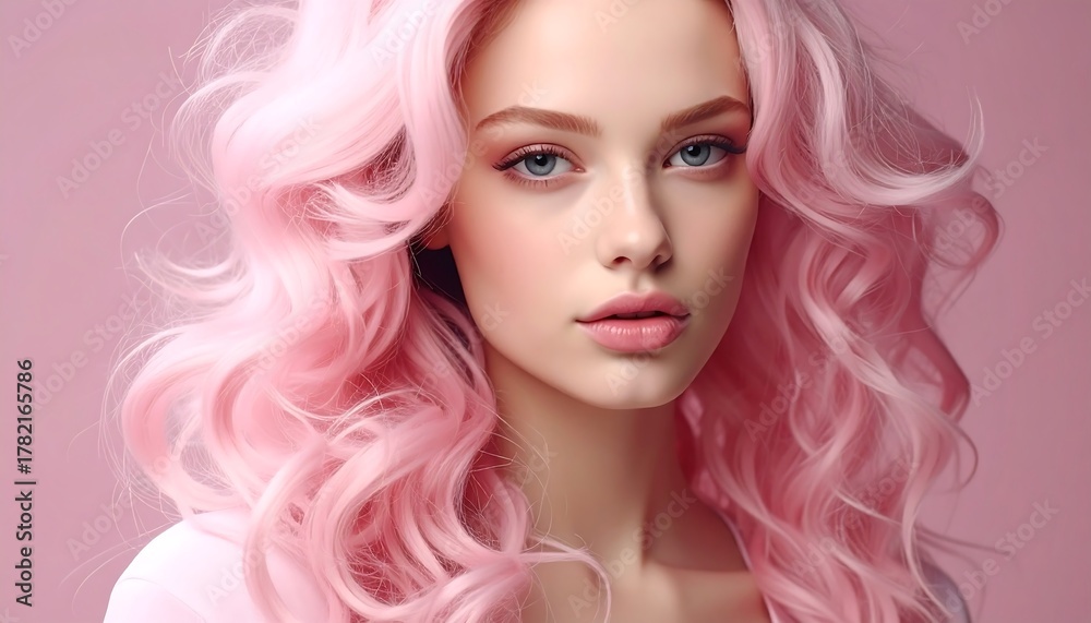 Fototapeta premium Portrait of a young woman with fair skin and flowing, voluminous pink hair, against a soft pink backdrop