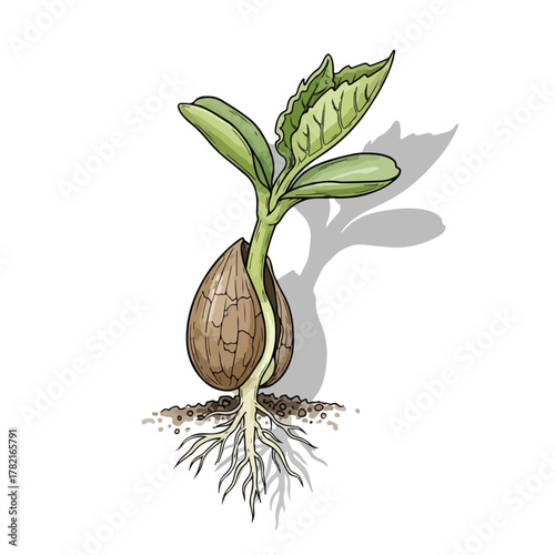 Vector Botanical Illustration of a Growing Plant with Seed and Leaf in Modern Natural Style in Green and Brown Colors