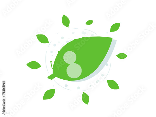 A flat 2D vector illustration showcasing a large, vibrant green leaf, adorned with two clear, perfectly spherical water droplets resting on its surface. Ideal for eco-friendly or nature-themed concept