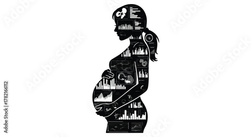 Pregnant woman silhouette filled with medical charts and data, representing health and development
