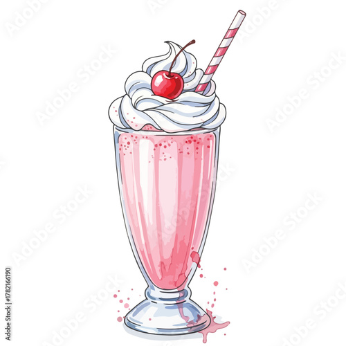 Vector Illustration of Pink Milkshake with Cherry and Whipped Cream in Modern Cartoon Style