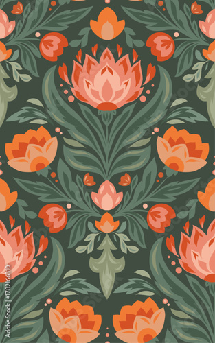 Vector floral pattern with folk style flowers on a dark background. Decorative seamless texture with stylized petals and leaves