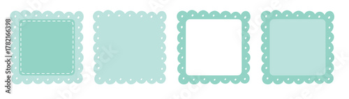 Scalloped Edge Stitched Square Badge Set. Simple label sticker template. Cute vintage frill ornament. Vector illustration isolated on white background.
