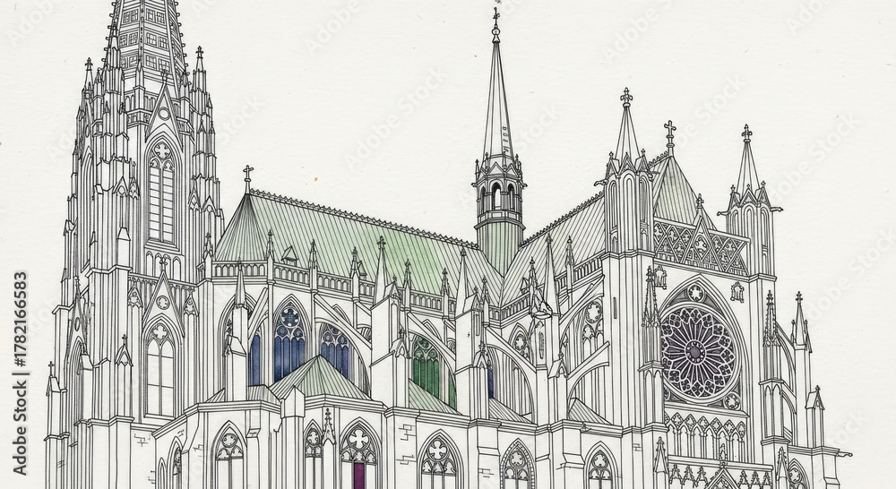Fototapeta premium Detailed Line Art Illustration of a Grand Gothic Cathedral with Intricate Architectural Features and Spires.