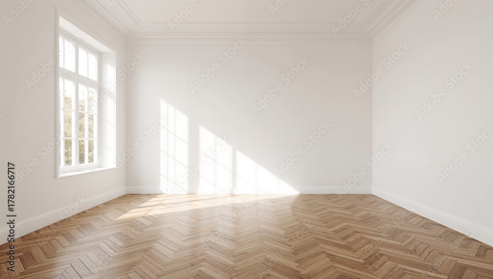 Fototapeta premium Interior of a vacant white space featuring a window and wooden flooring, suitable for minimalistic design