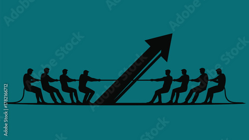 Teamwork drives business growth everyone pulling together for success with determined silhouette figures and upward arrow representing progress