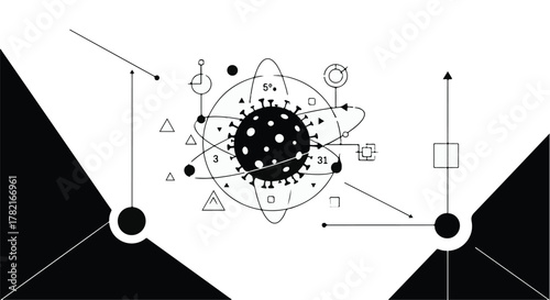 Abstract representation of a virus with scientific geometric elements and atomic structure