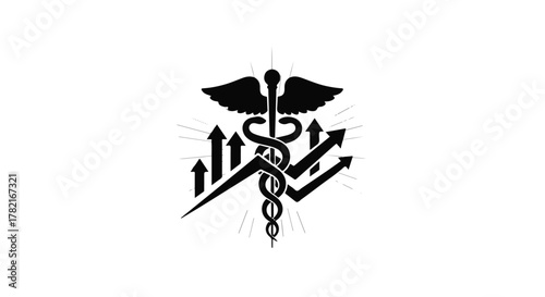 Caduceus symbol intertwined with upward trending arrows, representing growth and healthcare advancement.