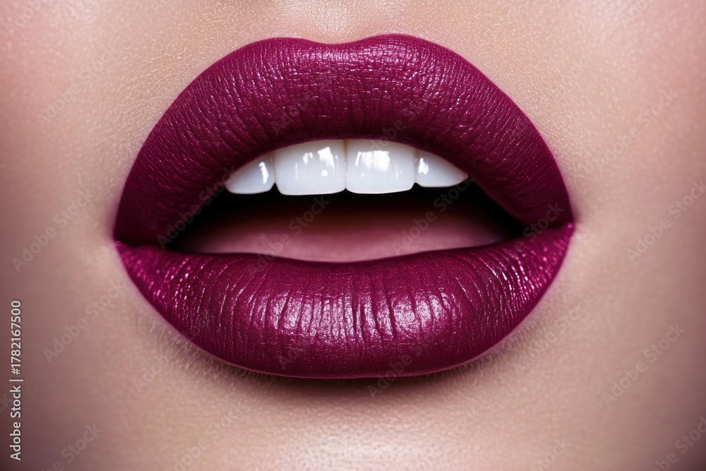 Obraz premium Close-up of lips with smooth purple lipstick and slightly parted white teeth showing a sensual and polished look