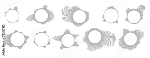 Music equalizer and sound wave. Circular sound waves, depicting audio music,icons and logos for equalizers, radial spectrum designs, ring patterns. Vector illustrations isolated on white background
