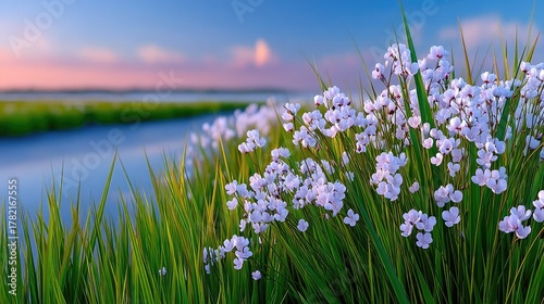 Fototapeta Naklejka Na Ścianę i Meble -  Delicate white wildflowers bloom in a lush green meadow with soft morning light and a tranquil blue river under a pastel sky