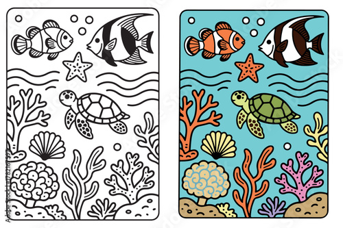 Cute marine life illustration: outline and colored versions.