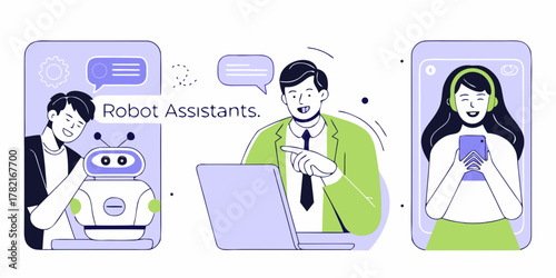 Modern robot assistants helping people with technology and communication in a digital world