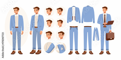 Business man character design kit with multiple expressions and clothing options