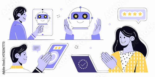 People interacting with technology and robots for customer service and feedback