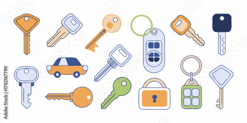 Collection of flat design keys car remote key fob and padlock illustrations on white background