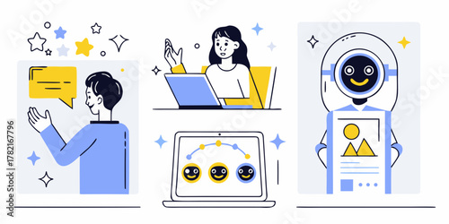 Modern illustration of people and robot interacting with technology and data visualization