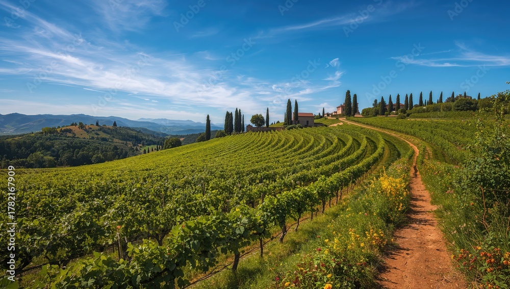 Naklejka premium A vineyard sprawling across a picturesque landscape, showcasing the essence of agricultural beauty, preservation