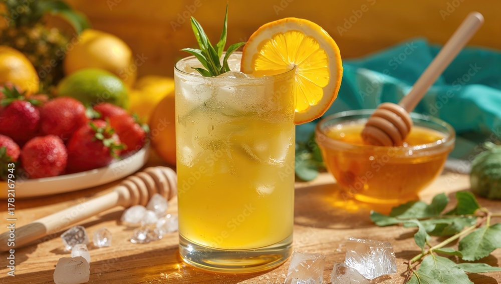 Fototapeta premium Refreshing pineapple lemonade sweetened with natural honey and ice for a summer gathering