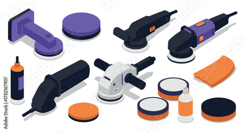Car polishing equipment set in isometric style for automotive detailing enthusiasts