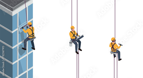 Isometric window cleaners on highrise building