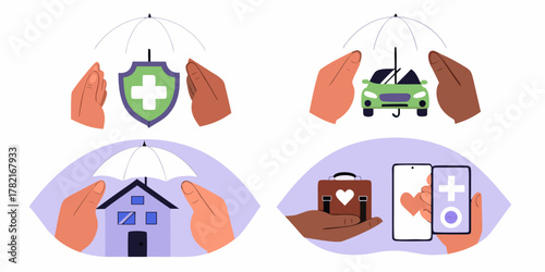 Hands holding umbrellas protecting health car home and digital services for insurance and security
