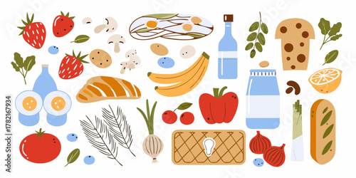A collection of fresh fruits vegetables bread eggs and drinks in a flat design style
