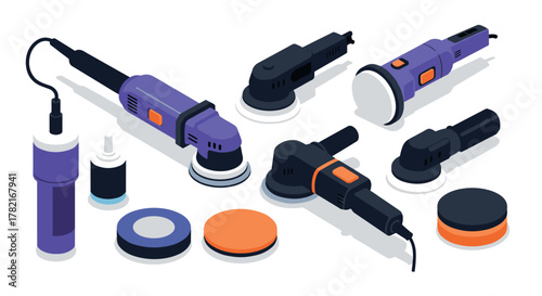 Isometric power tool set for polishing and buffing with accessories