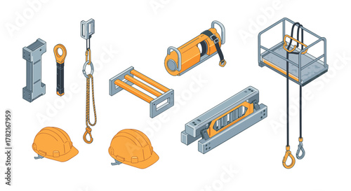 Isometric construction safety equipment set with helmets and tools