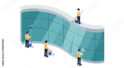 Isometric cleaning crew professionals washing curved glass building façade