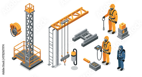 Isometric construction site equipment and workers in safety gear