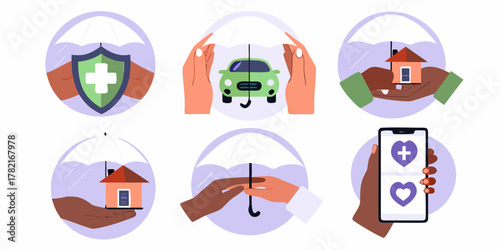 Diverse hands holding umbrellas protecting various assets and digital health icons representing insurance and security