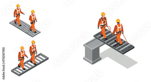 Construction workers walking on metal platforms in safety gear isometric style