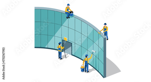 Workers cleaning glass building facade in isometric style for modern urban design concepts