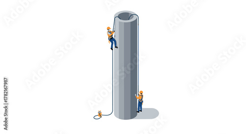 Isometric climbers scaling tall pipe in safety gear, teamwork concept