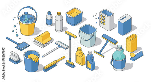 Isometric cleaning supplies collection with brooms, buckets, and detergents in yellow and blue