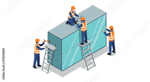 Construction workers installing glass façade in isometric style