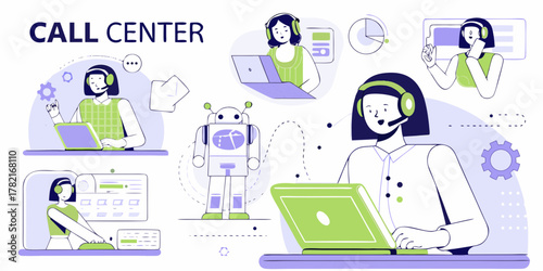 Call center agents and robot working together with laptops and headsets for customer service