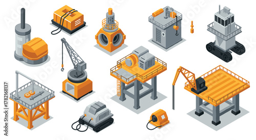 Isometric industrial equipment oil rig and machinery icons