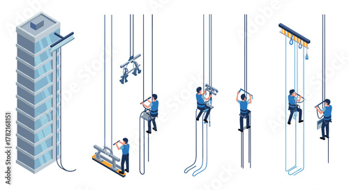 Isometric urban window cleaning scene with workers on platforms and ropes