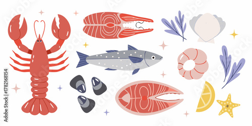 Collection of delicious seafood and fish illustrations with decorative elements