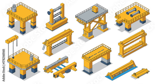 Industrial construction platforms and equipment in isometric style