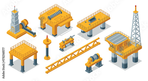 Isometric industrial oil rig platforms and equipment