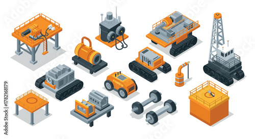 Set of isometric industrial machinery elements for construction and engineering projects
