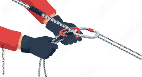 Hands securing rope with carabiner in safety gear for climbing and hiking