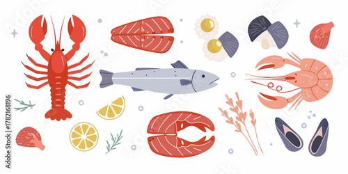 Collection of fresh seafood and fish illustrations with lemon and herbs