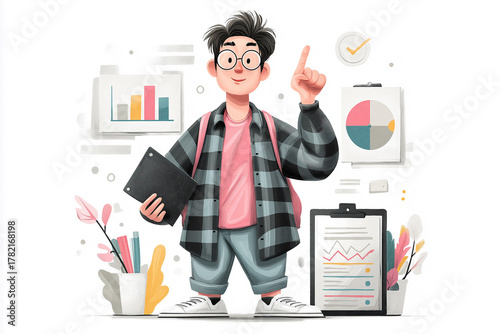 Early-career growth: Ambitious intern with backpack gestures a point while colorful panels display progress bars, goals and early career momentum. 