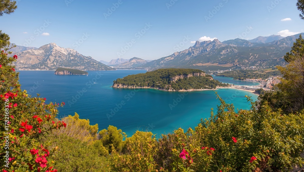Obraz premium Panoramic view of the Adriatic Sea featuring islands and pine-clad mountains near a coastal area, seasonal change