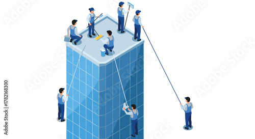Isometric team of workers cleaning skyscraper windows with various equipment